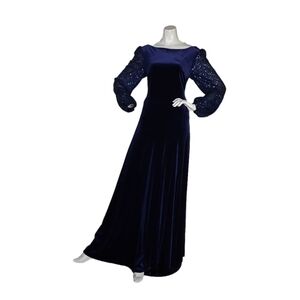TAHARI LEVINE ROYAL BLUE SEQUINS  LONG SLEEVES VELVET BOAT NECK  DRESS